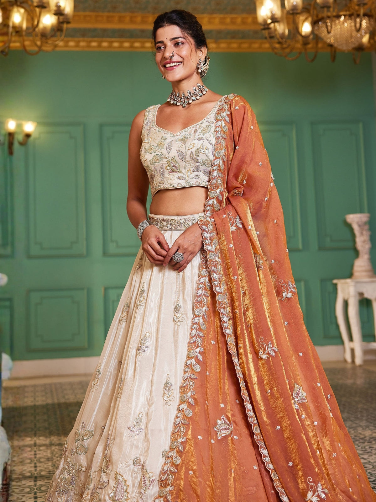 Ivory Gold Embroidered Bridal Lehenga Choli with Rust Orange Dupatta