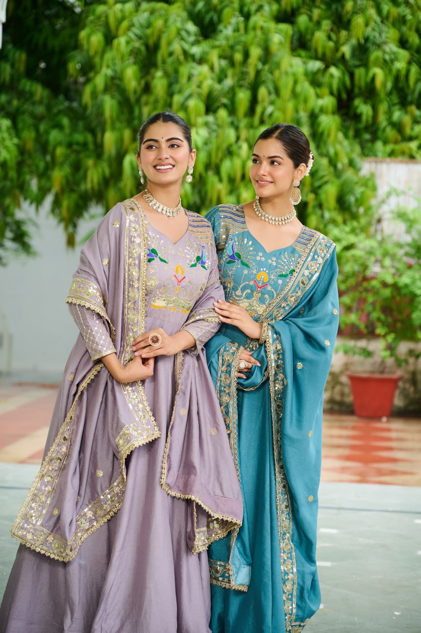 Graceful Sequins & Zari Embroidered Vichitra Silk Gown