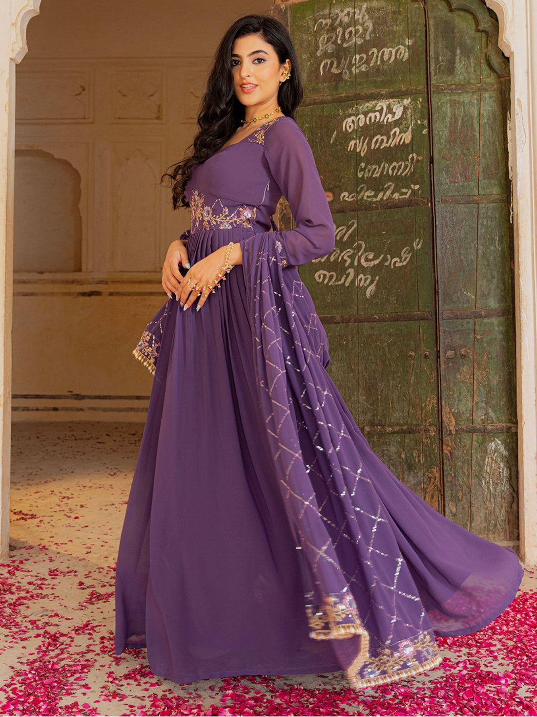 Royal Purple Anarkali Gown with Floral Embroidery and Matching Dupatta