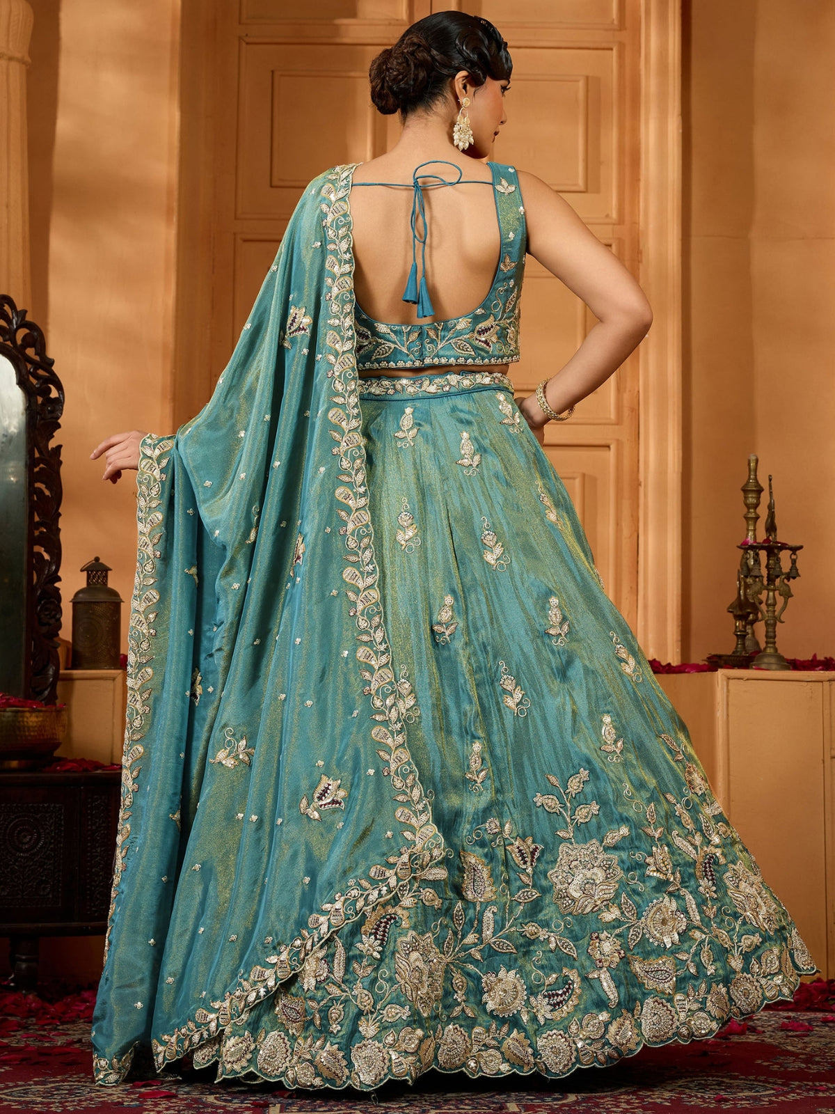 ROYAL TEAL BLUE EMBROIDERED LEHENGA SET