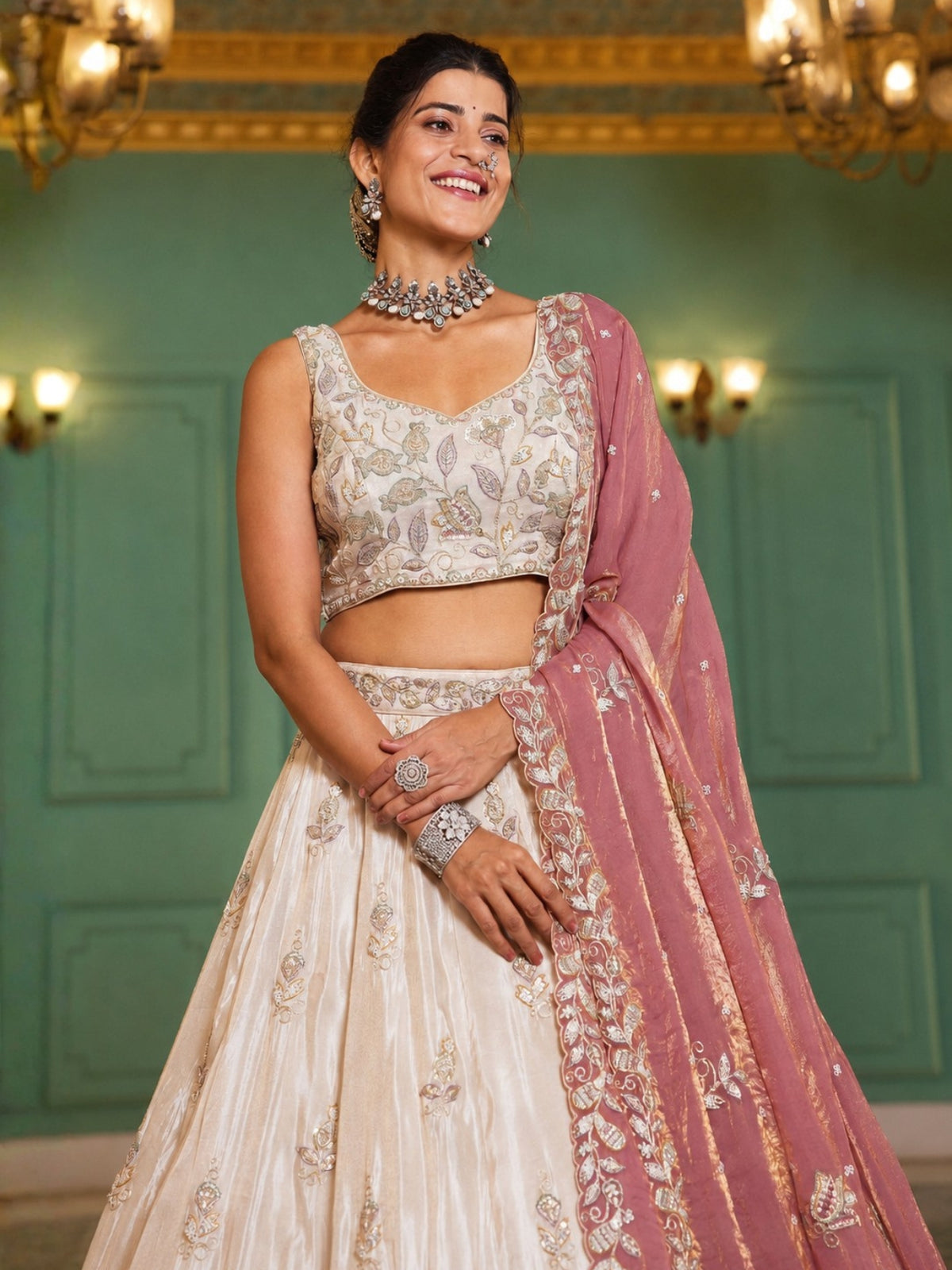 Ivory Gold Embroidered Bridal Lehenga Choli with Dusty Rose Dupatta