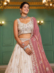 Ivory Gold Embroidered Bridal Lehenga Choli with Dusty Rose Dupatta