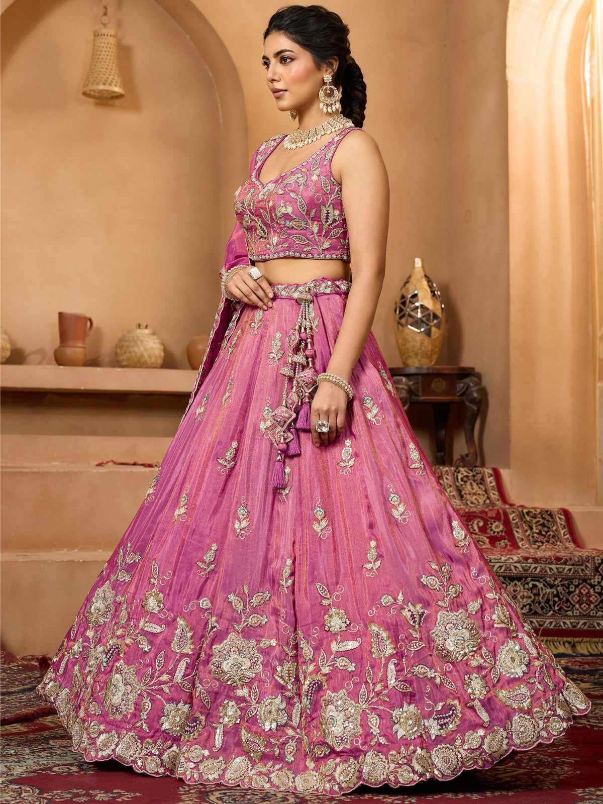 ROYAL RANI PINK PURE TISSUE LEHENGA SET