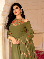 Olive Green Georgette Embroidered Anarkali with Dupatta