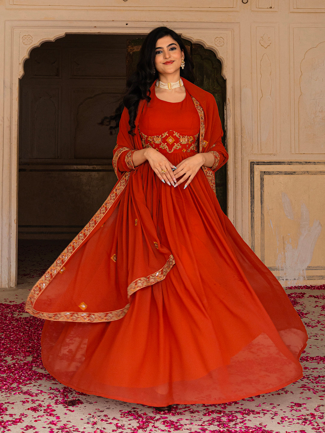 Rust Orange Anarkali Gown with Gold Embroidery and Matching Dupatta