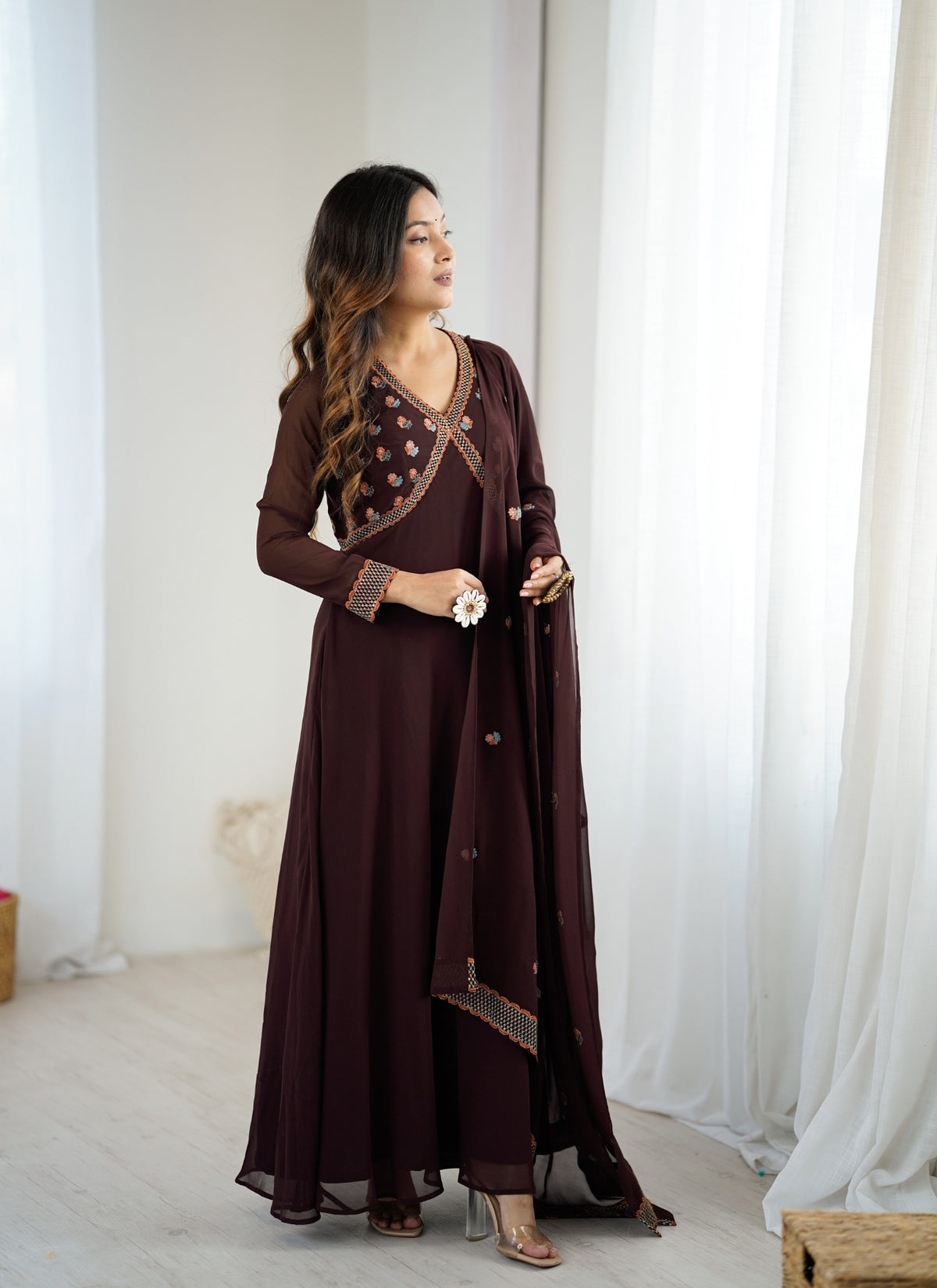 Dark Brown Embroidered Anarkali Suit with Dupatta for Women