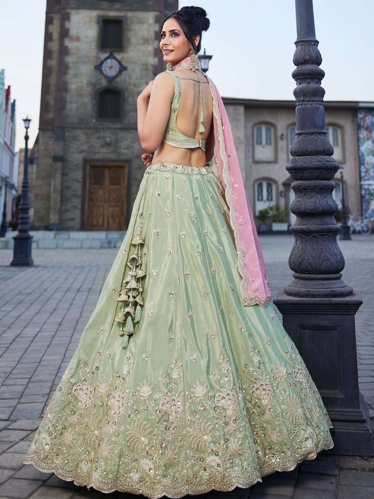 Pastel Mint Green Embroidered Bridal Lehenga Choli with Pink Dupatta