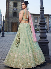 Pastel Mint Green Embroidered Bridal Lehenga Choli with Pink Dupatta