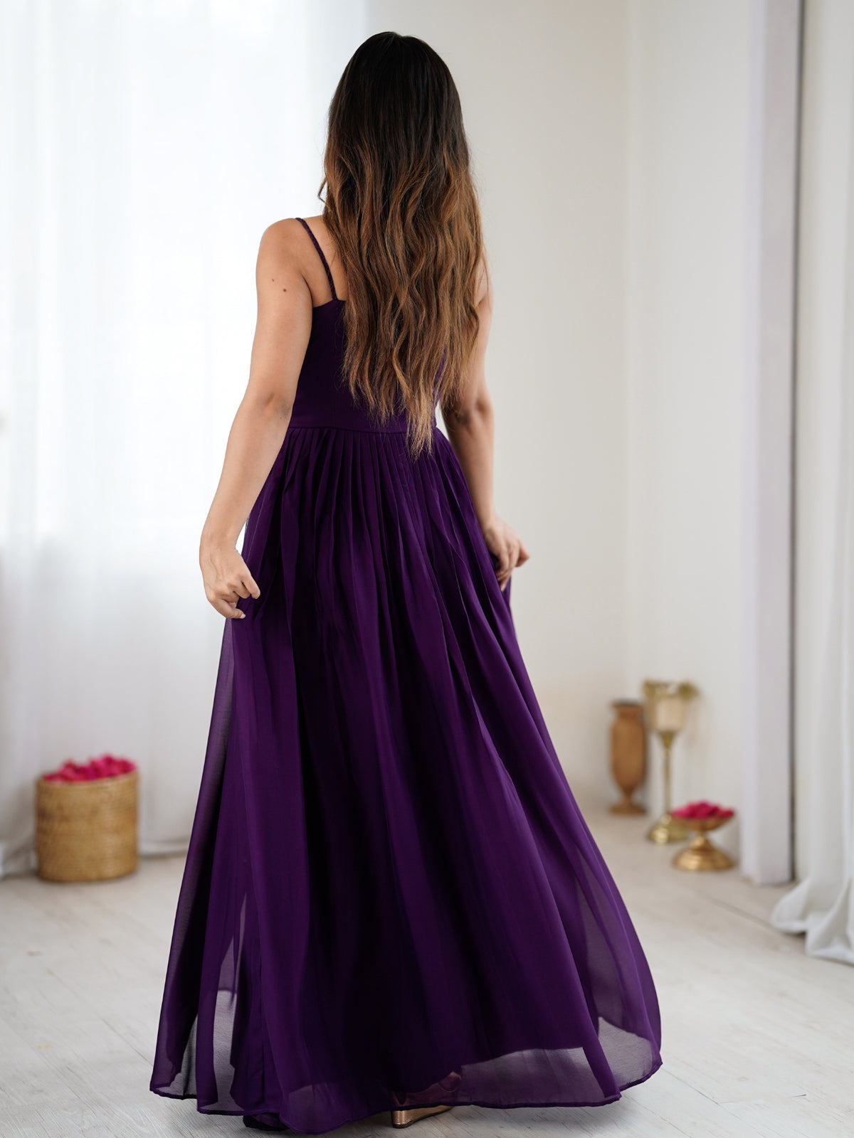 Purple Floral Embroidered Strappy Maxi Gown
