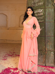 Peach Georgette Embroidered Anarkali Gown with Dupatta