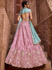 Pink Embroidered Lehenga Choli with Aqua Blue Dupatta – Bridal Party Wear Set