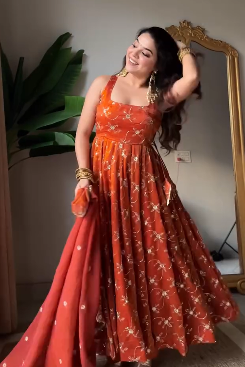 Classy Orange Pure Tissue Silk Anarkali Set with Hand Embroidery