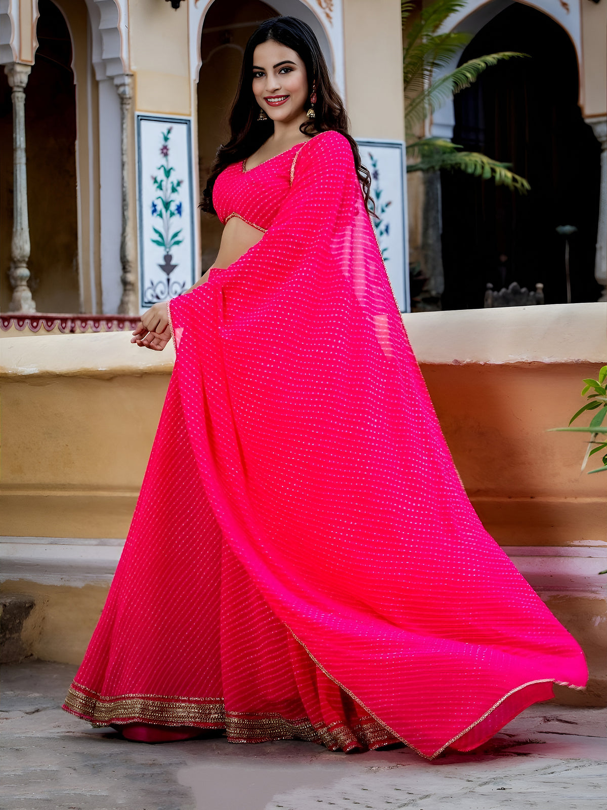 Hot Pink Striped Lehenga Choli with Golden Border