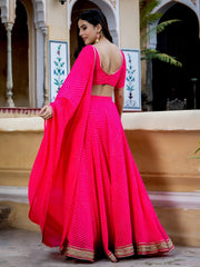 Hot Pink Striped Lehenga Choli with Golden Border
