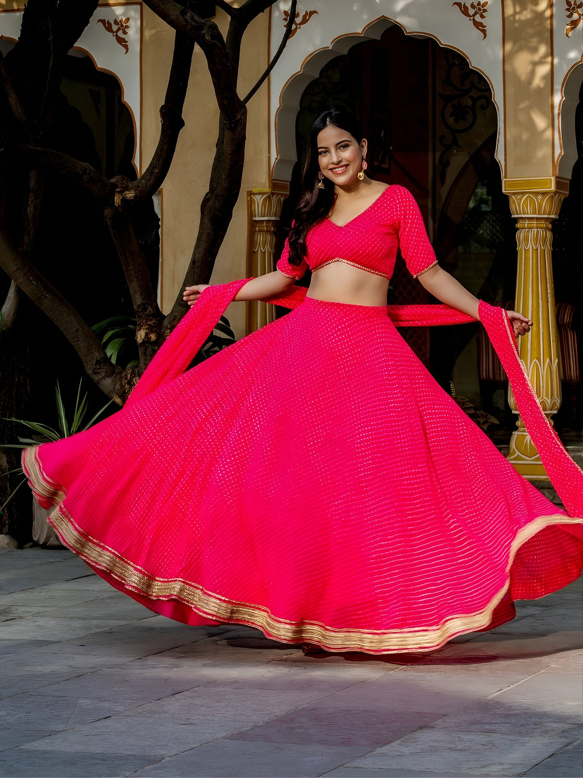 Hot Pink Striped Lehenga Choli with Golden Border
