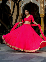 Hot Pink Striped Lehenga Choli with Golden Border