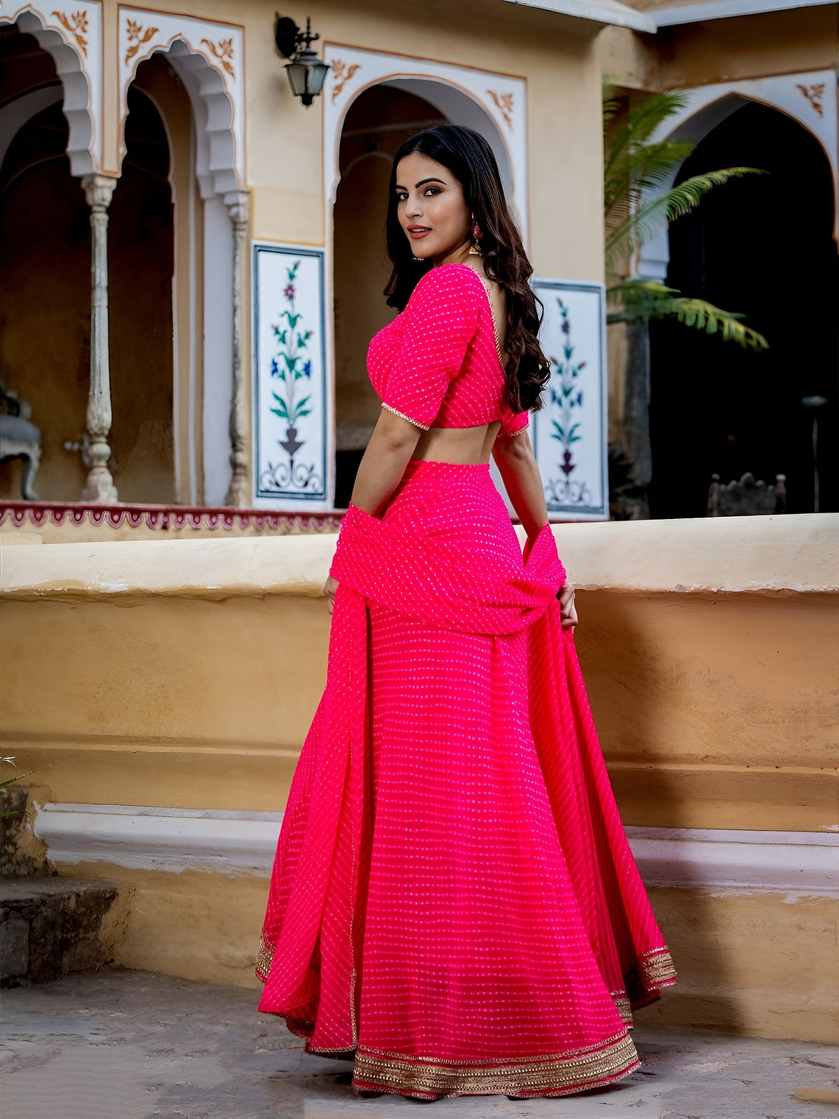 Hot Pink Striped Lehenga Choli with Golden Border
