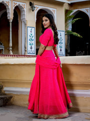 Hot Pink Striped Lehenga Choli with Golden Border
