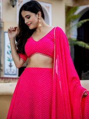 Hot Pink Striped Lehenga Choli with Golden Border