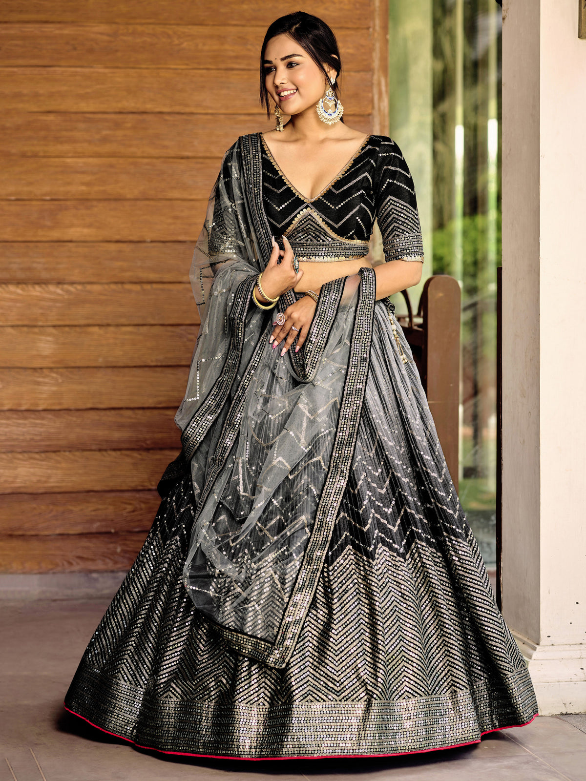 Black and Silver Chevron Lehenga Choli with Embellished Dupatta