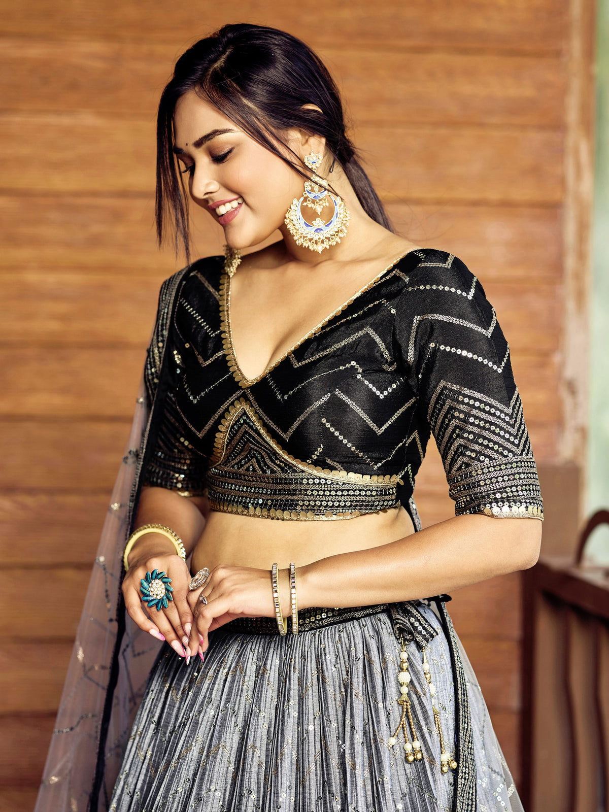Black and Silver Chevron Lehenga Choli with Embellished Dupatta