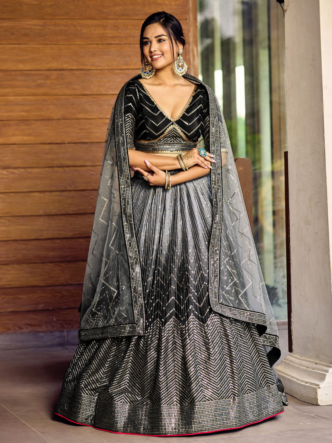 Black and Silver Chevron Lehenga Choli with Embellished Dupatta