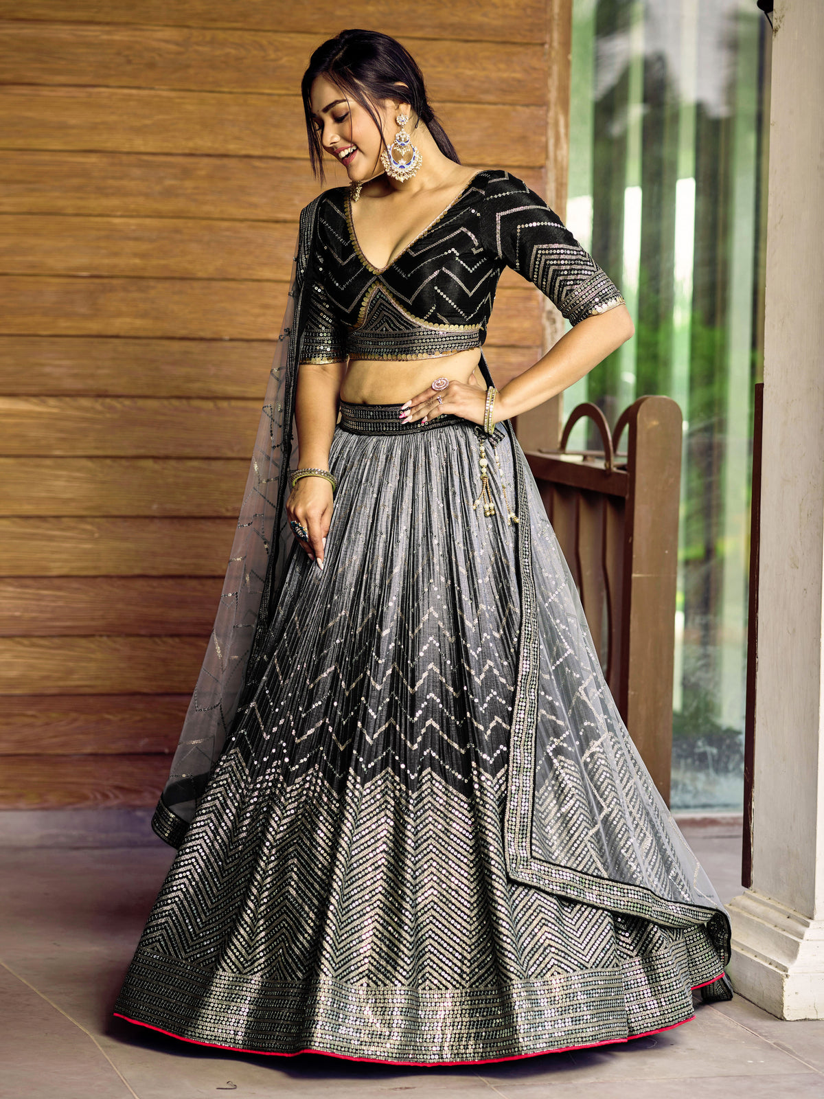 Black and Silver Chevron Lehenga Choli with Embellished Dupatta