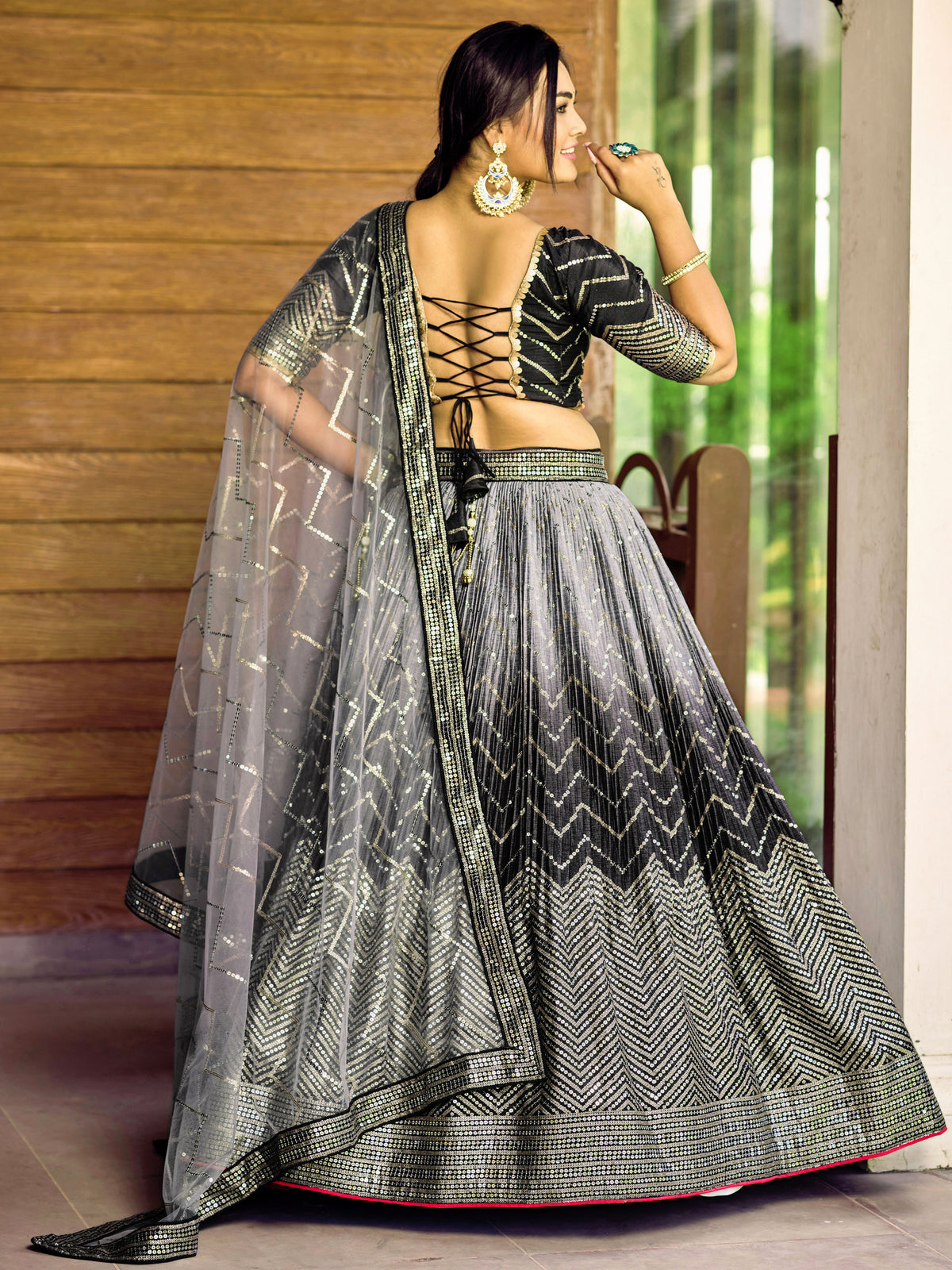 Black and Silver Chevron Lehenga Choli with Embellished Dupatta