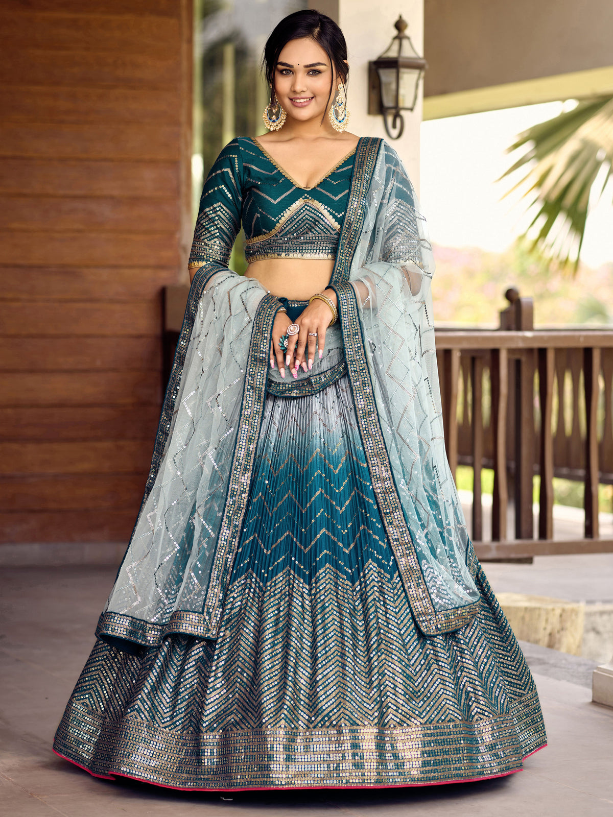 Teal Blue Lehenga Choli with Silver Chevron Work and Grey Dupatta