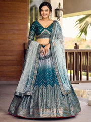 Teal Blue Lehenga Choli with Silver Chevron Work and Grey Dupatta