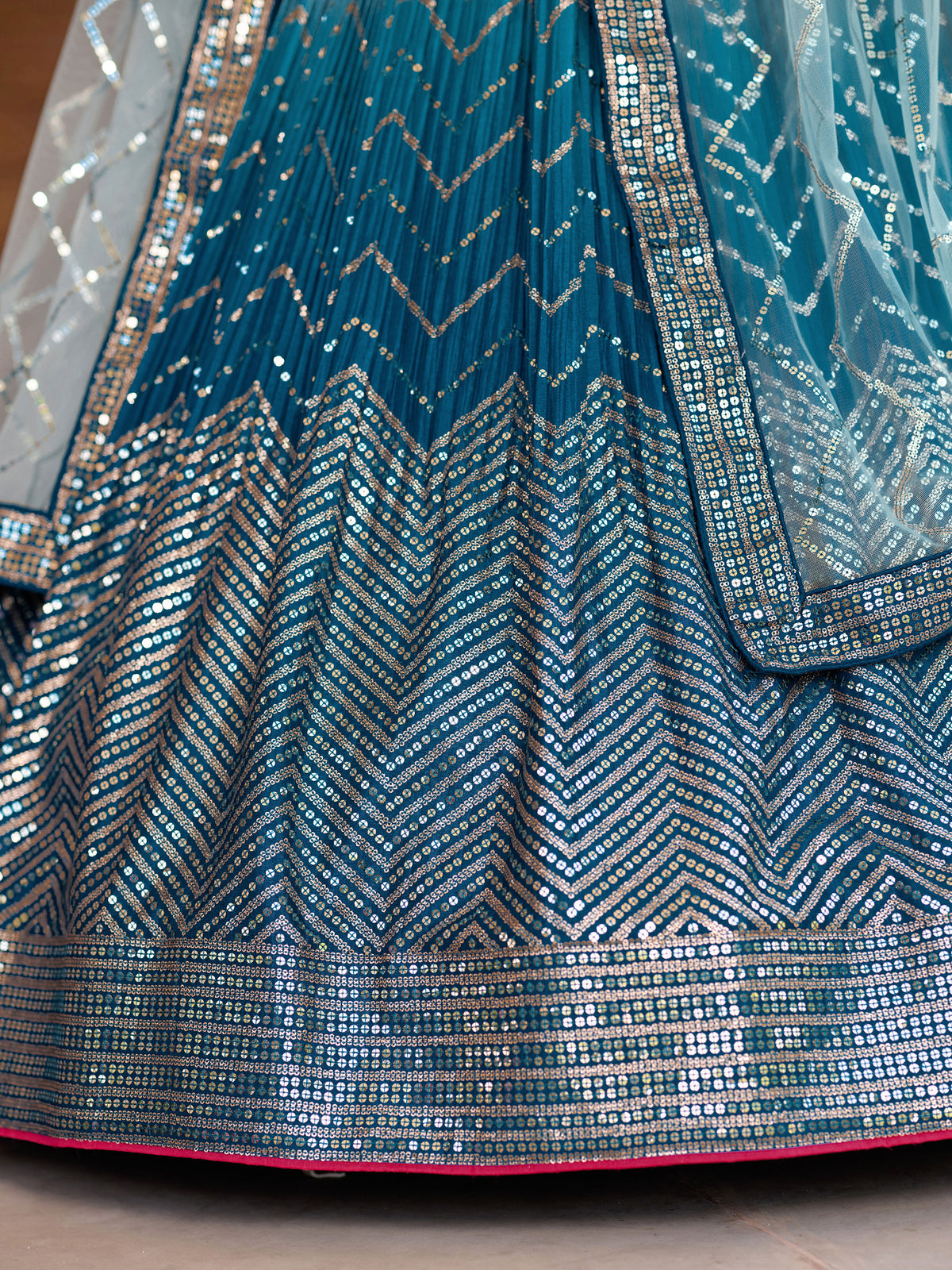 Teal Blue Lehenga Choli with Silver Chevron Work and Grey Dupatta