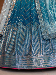 Teal Blue Lehenga Choli with Silver Chevron Work and Grey Dupatta