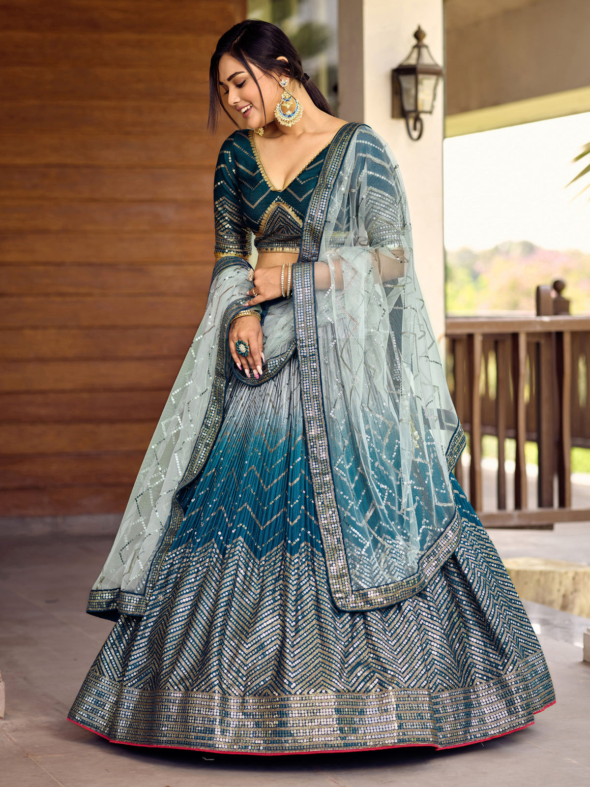 Teal Blue Lehenga Choli with Silver Chevron Work and Grey Dupatta