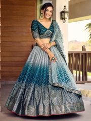 Teal Blue Lehenga Choli with Silver Chevron Work and Grey Dupatta