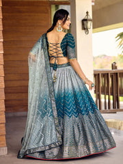 Teal Blue Lehenga Choli with Silver Chevron Work and Grey Dupatta