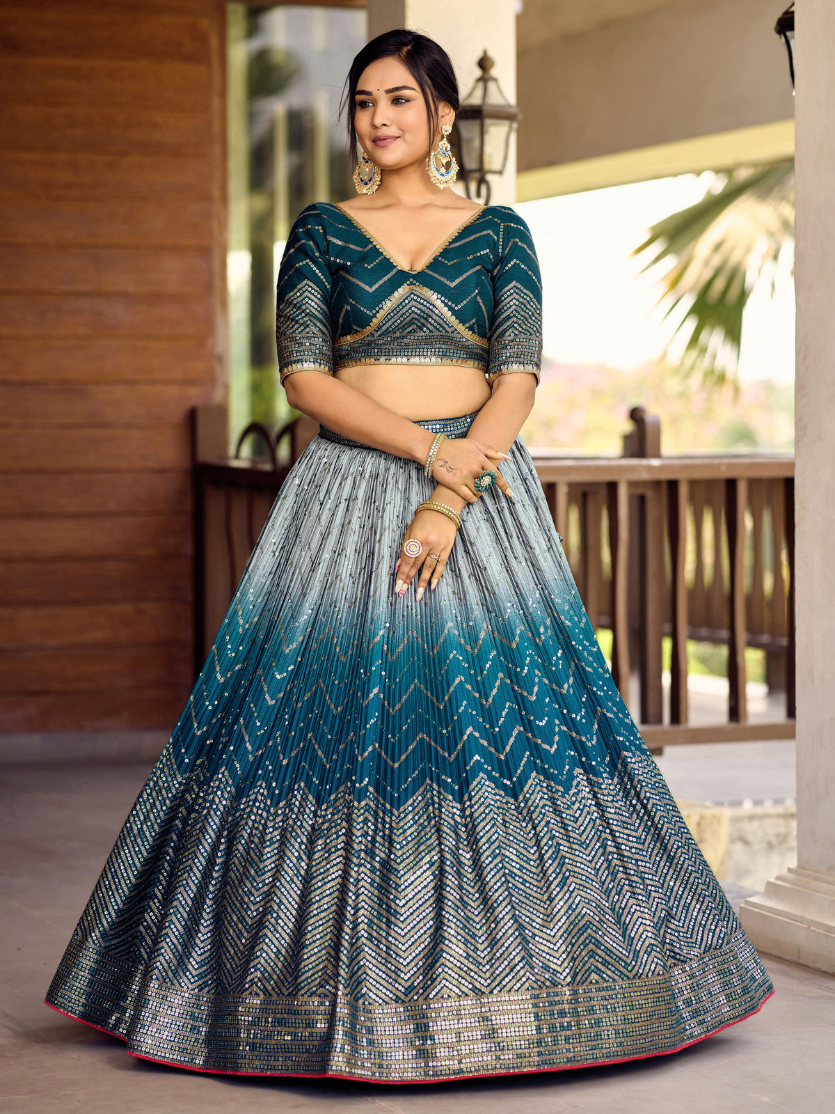 Teal Blue Lehenga Choli with Silver Chevron Work and Grey Dupatta