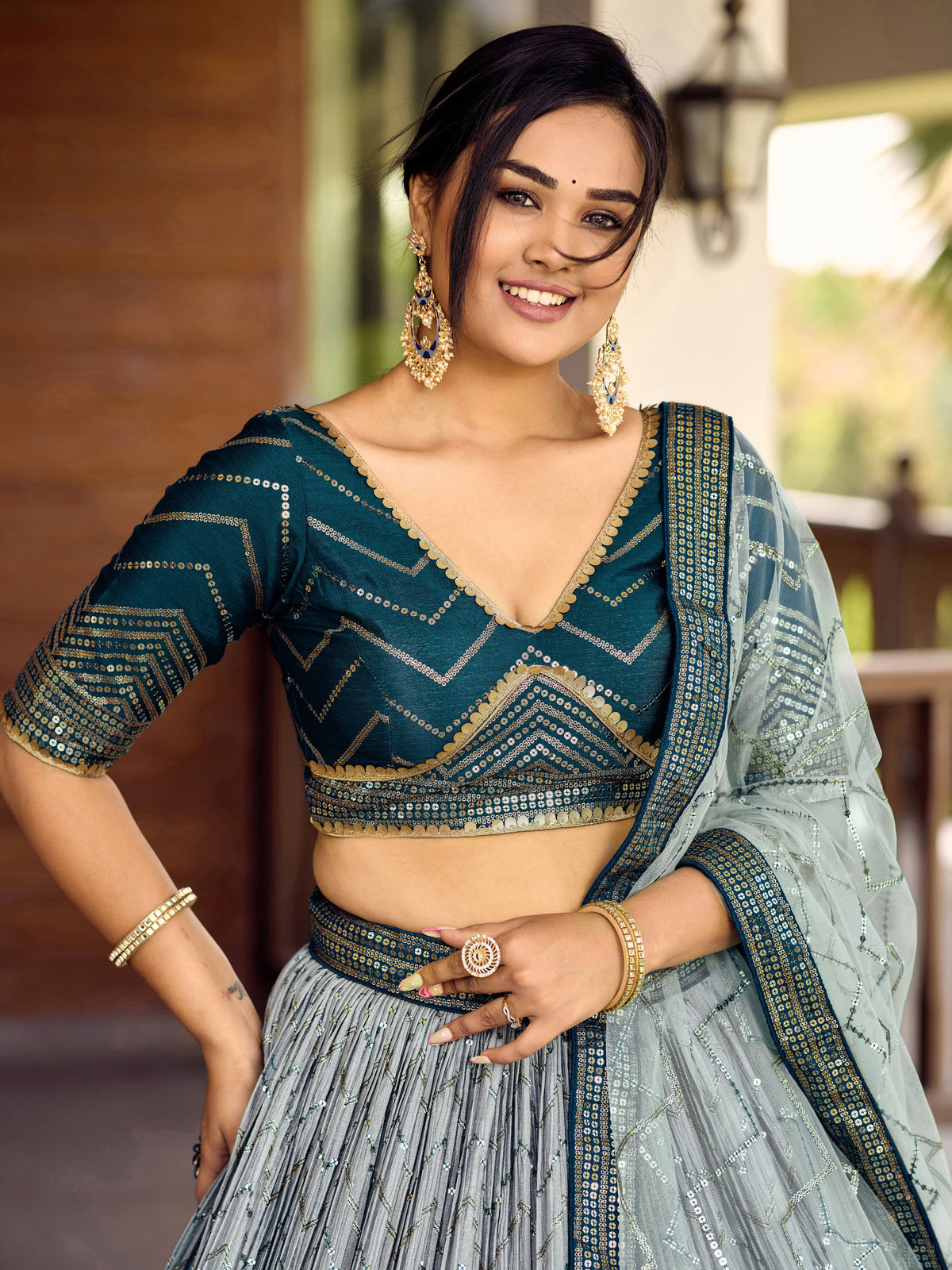 Teal Blue Lehenga Choli with Silver Chevron Work and Grey Dupatta