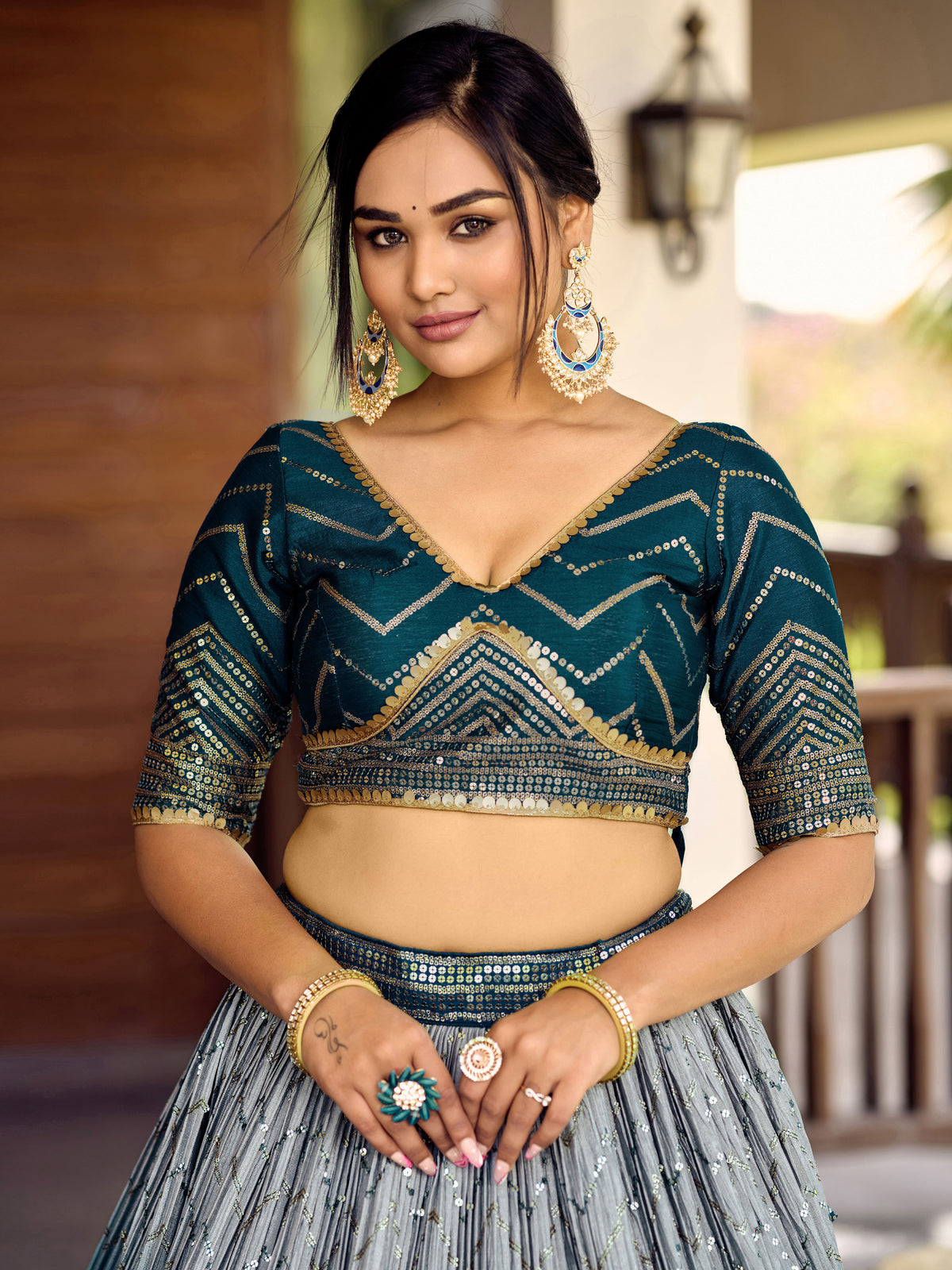 Teal Blue Lehenga Choli with Silver Chevron Work and Grey Dupatta