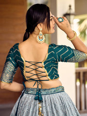 Teal Blue Lehenga Choli with Silver Chevron Work and Grey Dupatta