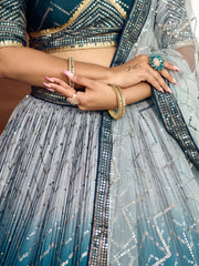 Teal Blue Lehenga Choli with Silver Chevron Work and Grey Dupatta