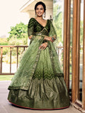 Olive Green Lehenga Choli with Gold Chevron Work and Matching Dupatta