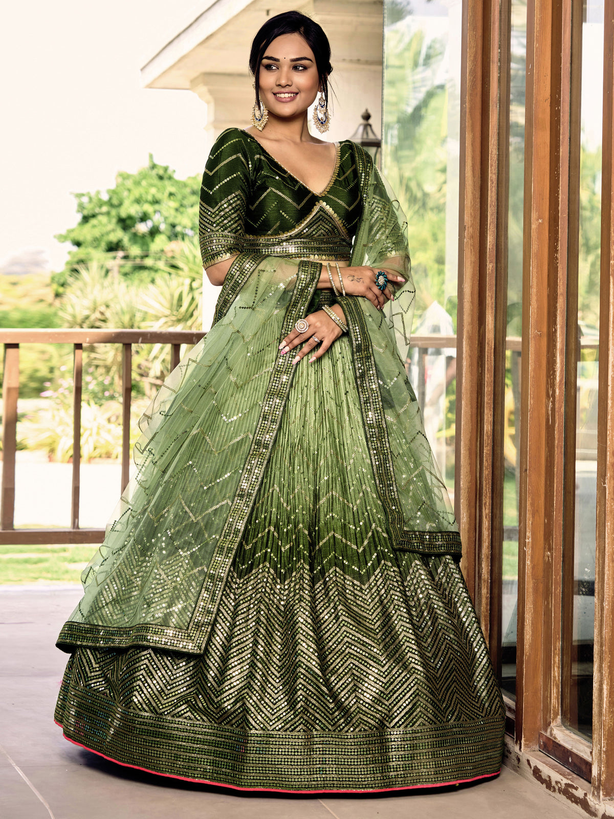 Olive Green Lehenga Choli with Gold Chevron Work and Matching Dupatta