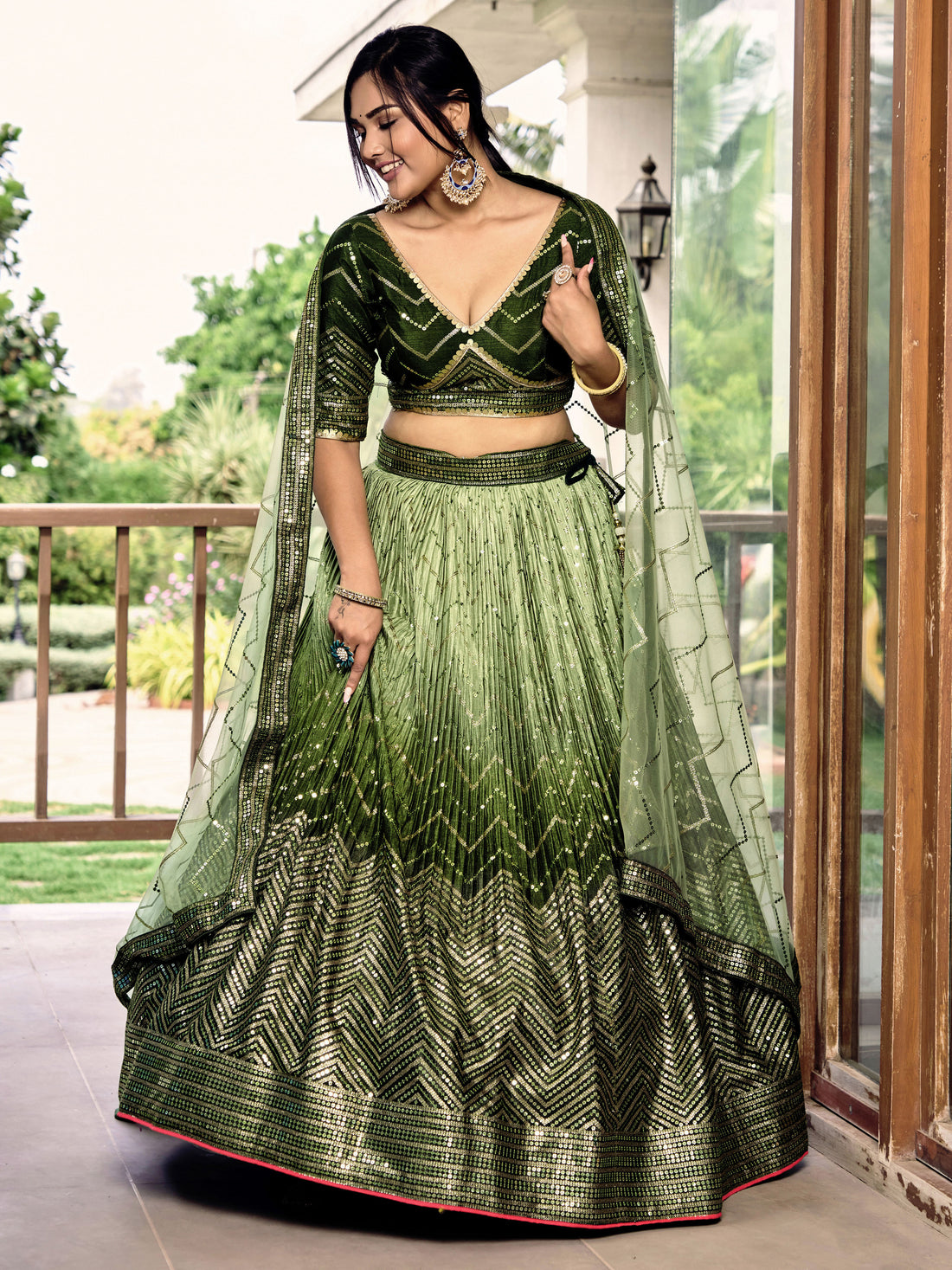 Olive Green Lehenga Choli with Gold Chevron Work and Matching Dupatta
