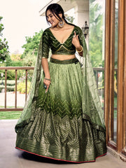 Olive Green Lehenga Choli with Gold Chevron Work and Matching Dupatta