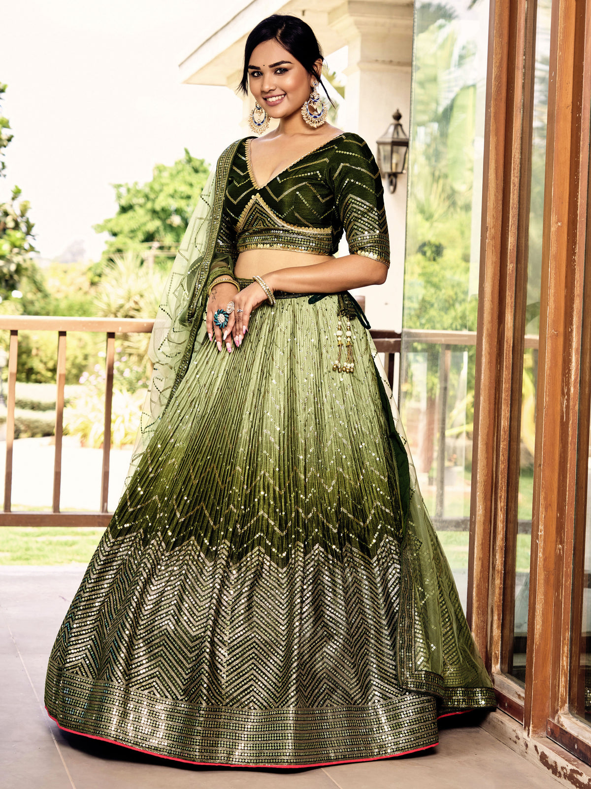Olive Green Lehenga Choli with Gold Chevron Work and Matching Dupatta