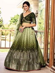 Olive Green Lehenga Choli with Gold Chevron Work and Matching Dupatta