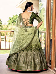 Olive Green Lehenga Choli with Gold Chevron Work and Matching Dupatta
