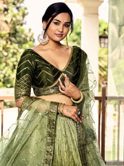 Olive Green Lehenga Choli with Gold Chevron Work and Matching Dupatta