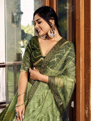 Olive Green Lehenga Choli with Gold Chevron Work and Matching Dupatta