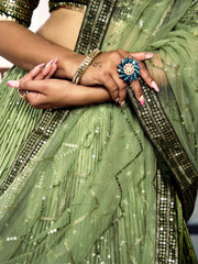 Olive Green Lehenga Choli with Gold Chevron Work and Matching Dupatta
